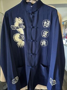 Men's Navy Embroidered Dragon Mandarin Jacket